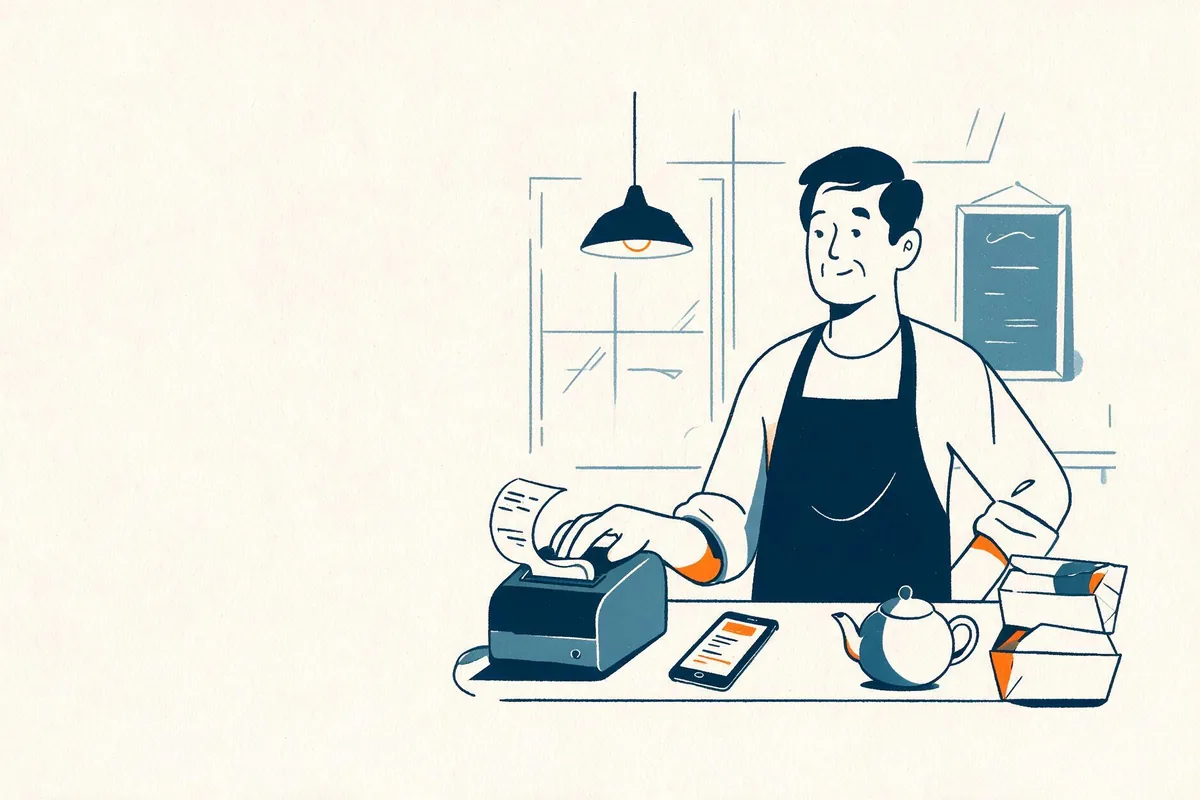 Un restaurateur derrière son comptoir, la main sur l'imprimante à tickets d'où sort une commande.