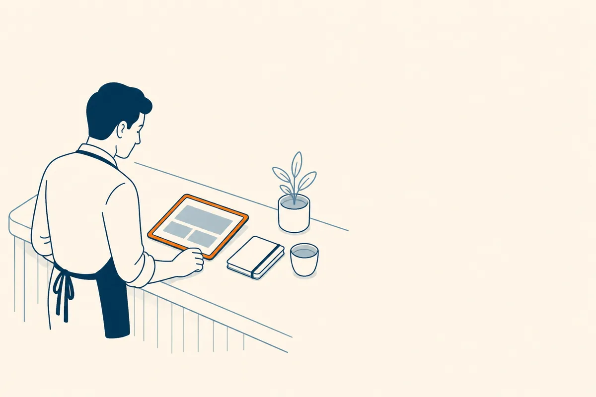 Un restaurateur derrière son comptoir compose la page de son restaurant sur une tablette.