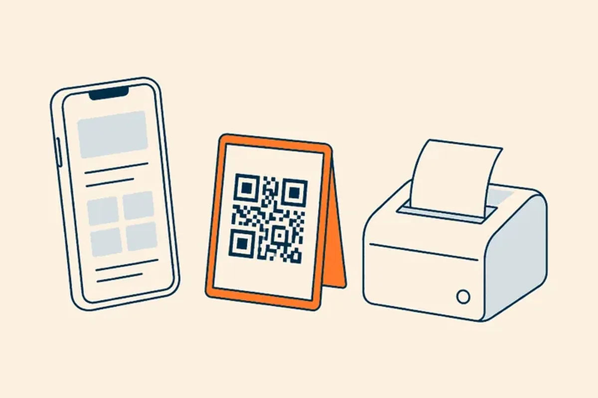 Un téléphone montrant la page d’un restaurant, un chevalet de QR code sur la table, et un ticket qui sort de l’imprimante de cuisine.