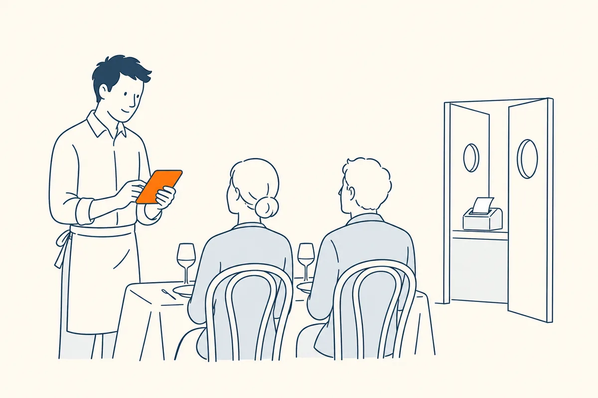 Un serveur prend la commande à table sur un petit terminal, un ticket sort en cuisine.